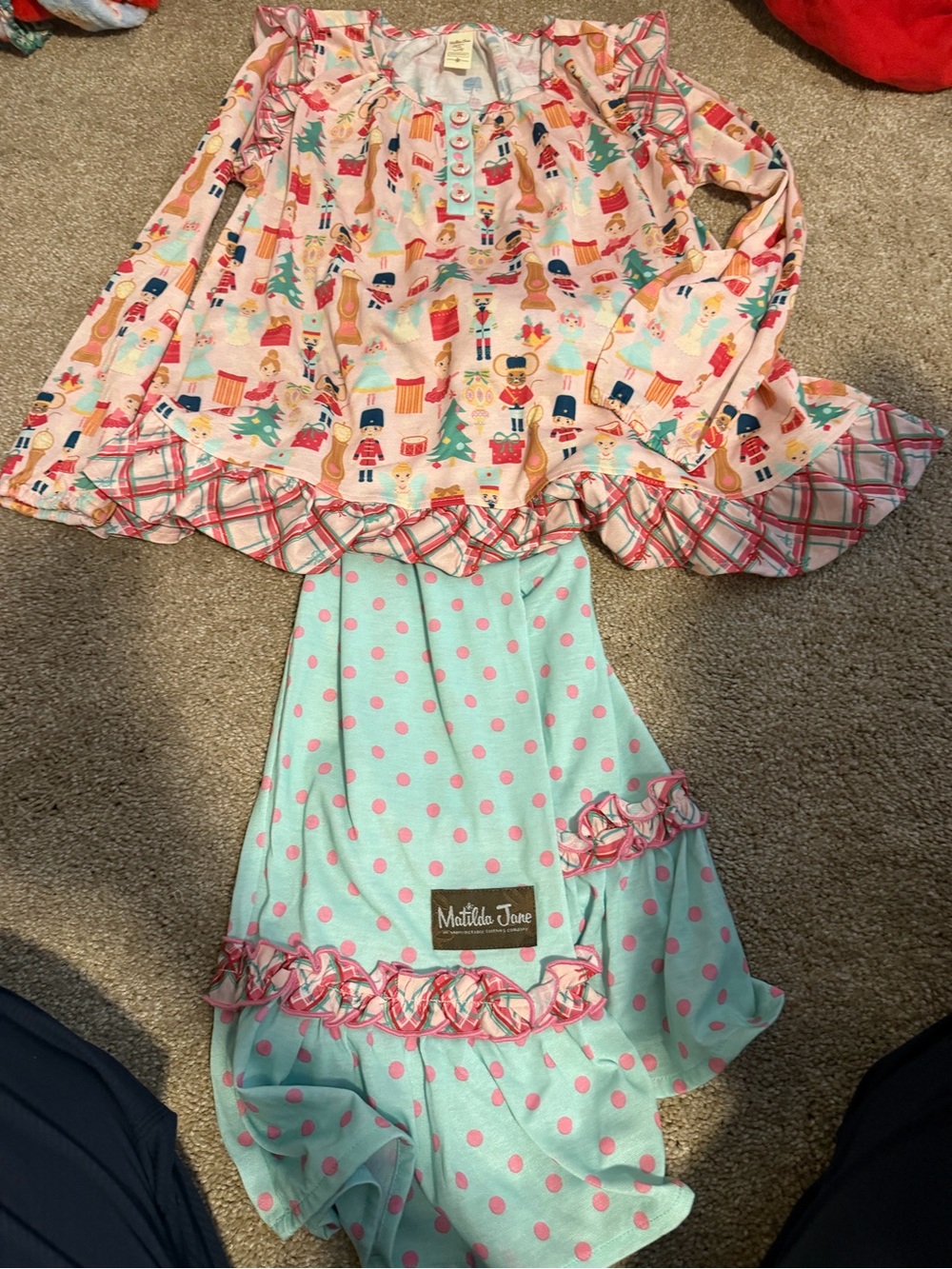 Matilda Jane Pink Nutcracker Print Top with Mint Polka Dot Pajama Bottoms